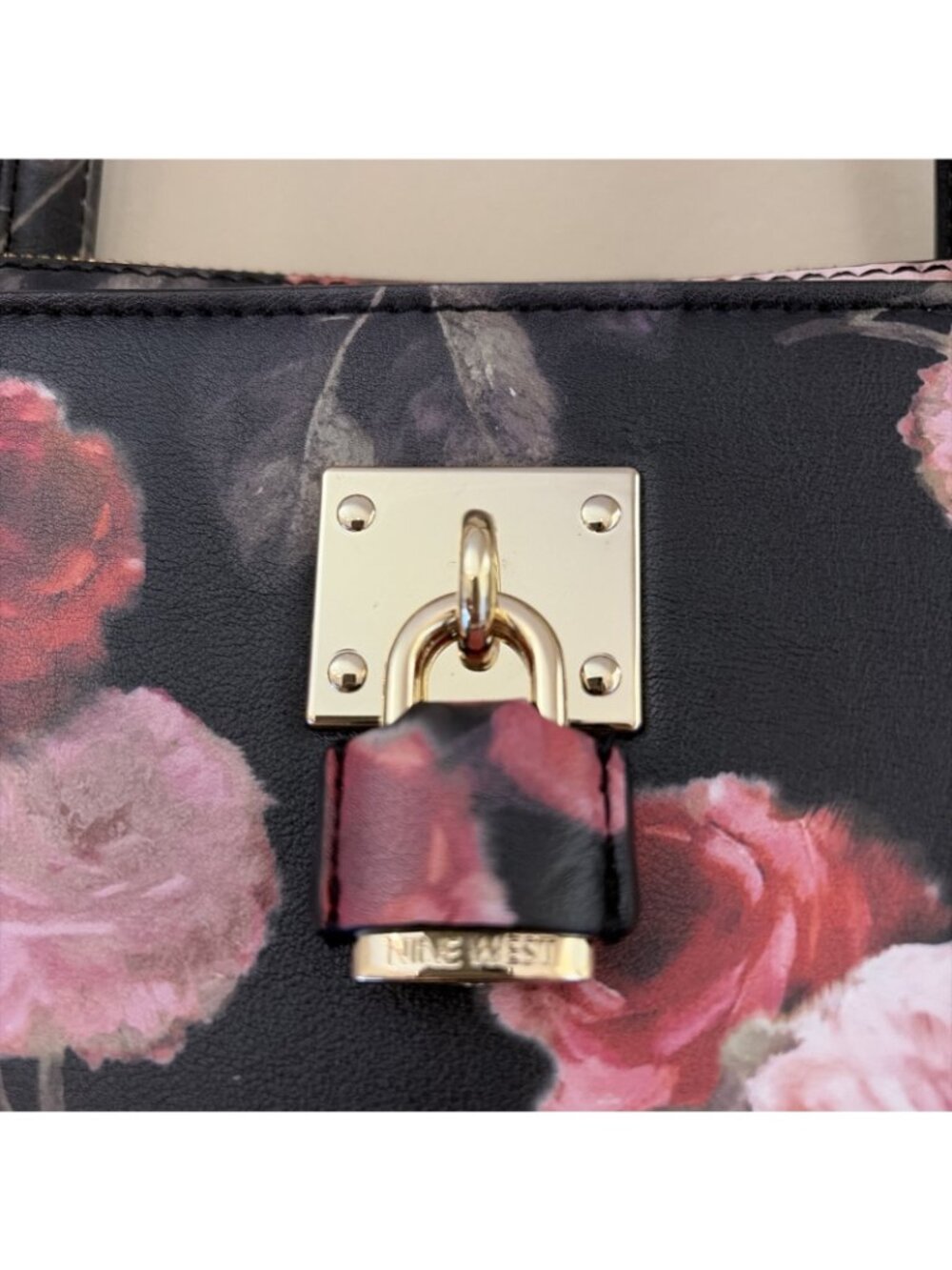 VTG Nine West Large Floral Tote Reana Floral Cabbage Rose Coated Canvas Lock - Picture 2 of 14